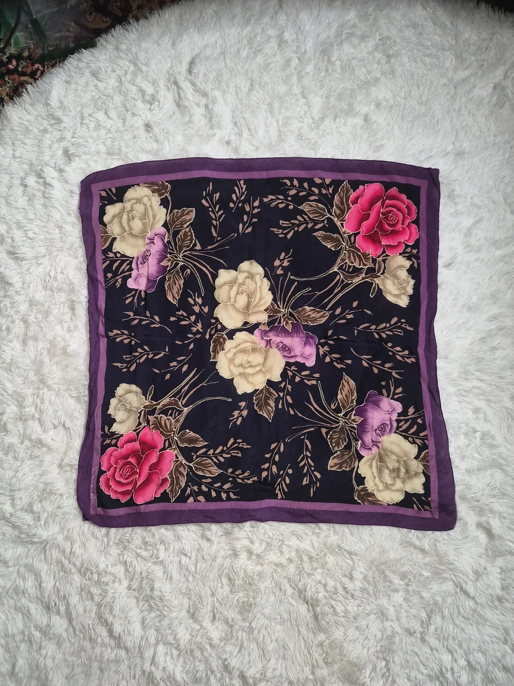 Womens Vintage Silk Scarf Oscar De La Renta Designer Purple Black Floral Print ✨